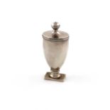 A George III silver nutmeg grater,unmarked, circa 1790,vase form, hinged cover with a fluted finial,