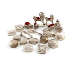 A collection of modern silver and metalware items, including: twelve boxes, a vesta case, five pin