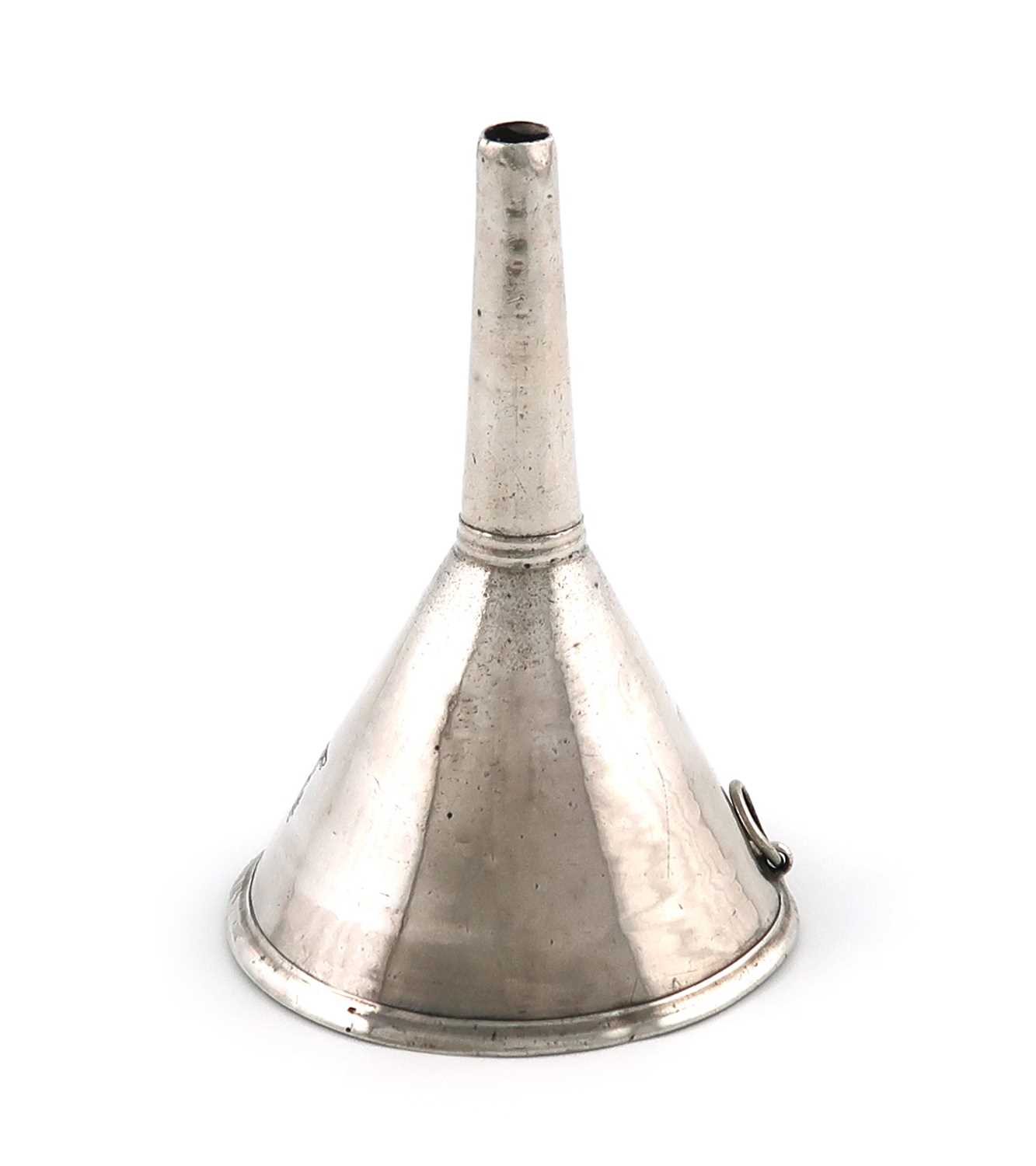 An 18th century silver spirit funnel,marks worn, circa 1720,tapering circular form, with a ring