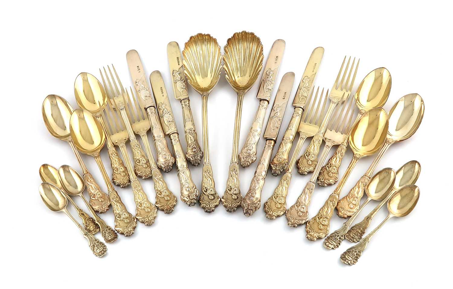 A matched Victorian and later silver-gilt Canova pattern dessert service for six, by George Adams,