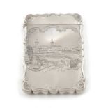 A Victorian silver engraved 'castle-top' card case, Osborne House,by Nathaniel Mills, Birmingham