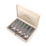 By Georg Jensen, a set of six Danish silver and enamel teaspoons, tapering form, with geometric