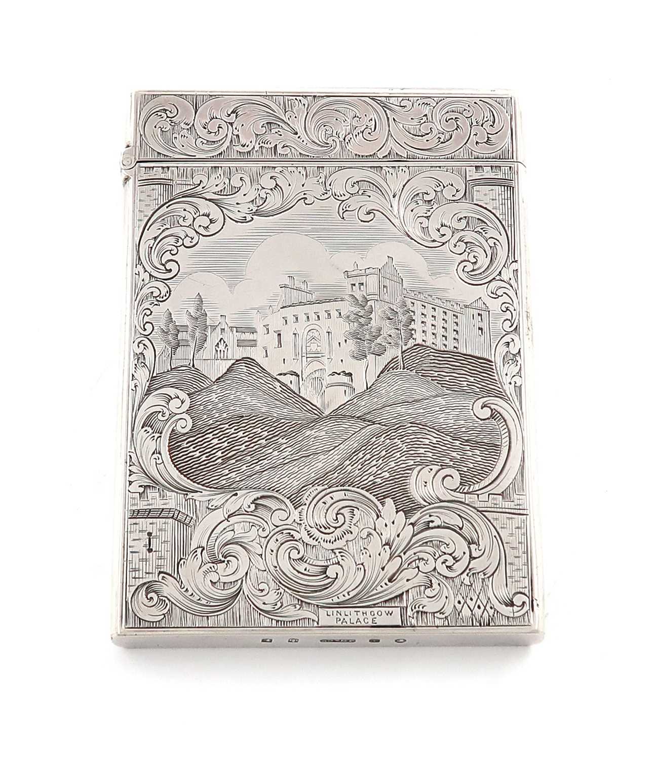 A Victorian Scottish silver engraved 'castle-top' card case, Linlithgow Palace, by James Nasmyth &