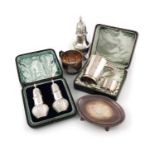 A mixed lot of silver items, comprising: a cased pair of Victorian pepper pots, by Walker and