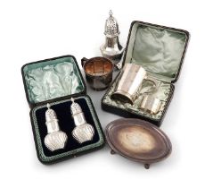 A mixed lot of silver items, comprising: a cased pair of Victorian pepper pots, by Walker and