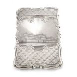 A Victorian silver engraved 'castle-top' card case, Crystal Palace, by Nathaniel Mills, Birmingham