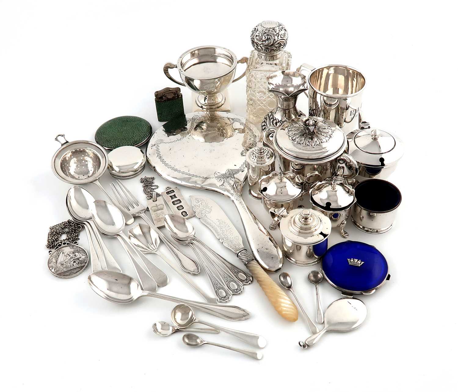 A mixed lot of silver items,various dates and makers,comprising: a miniature porringer and cover,
