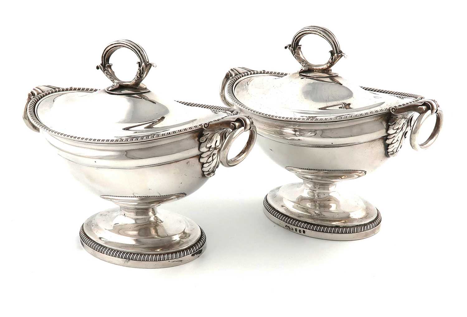 A pair of George III silver sauce tureens and covers,by Paul Storr, London 1804,plain oval form,