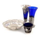 A mixed lot,comprising silver items: a Victorian blue glass vase, with a silver rim and foot, by