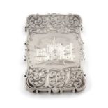 A Victorian silver engraved 'castle-top' card case, Southampton Bargate,by Nathaniel Mills,