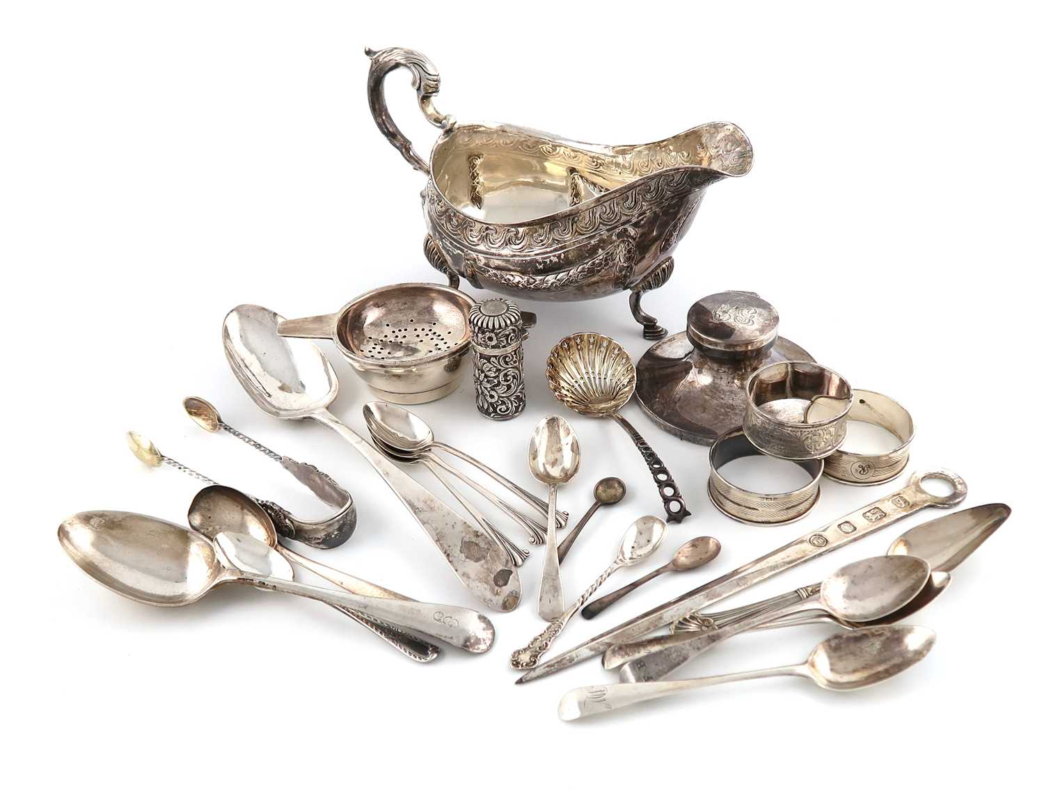 A mixed lot of silver items,comprising: an Irish silver sauce boat, by James Wakely & Frank Clarke