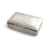 A William IV silver presentation snuff box,by Nathaniel Mills, Birmingham 1832,rectangular form,