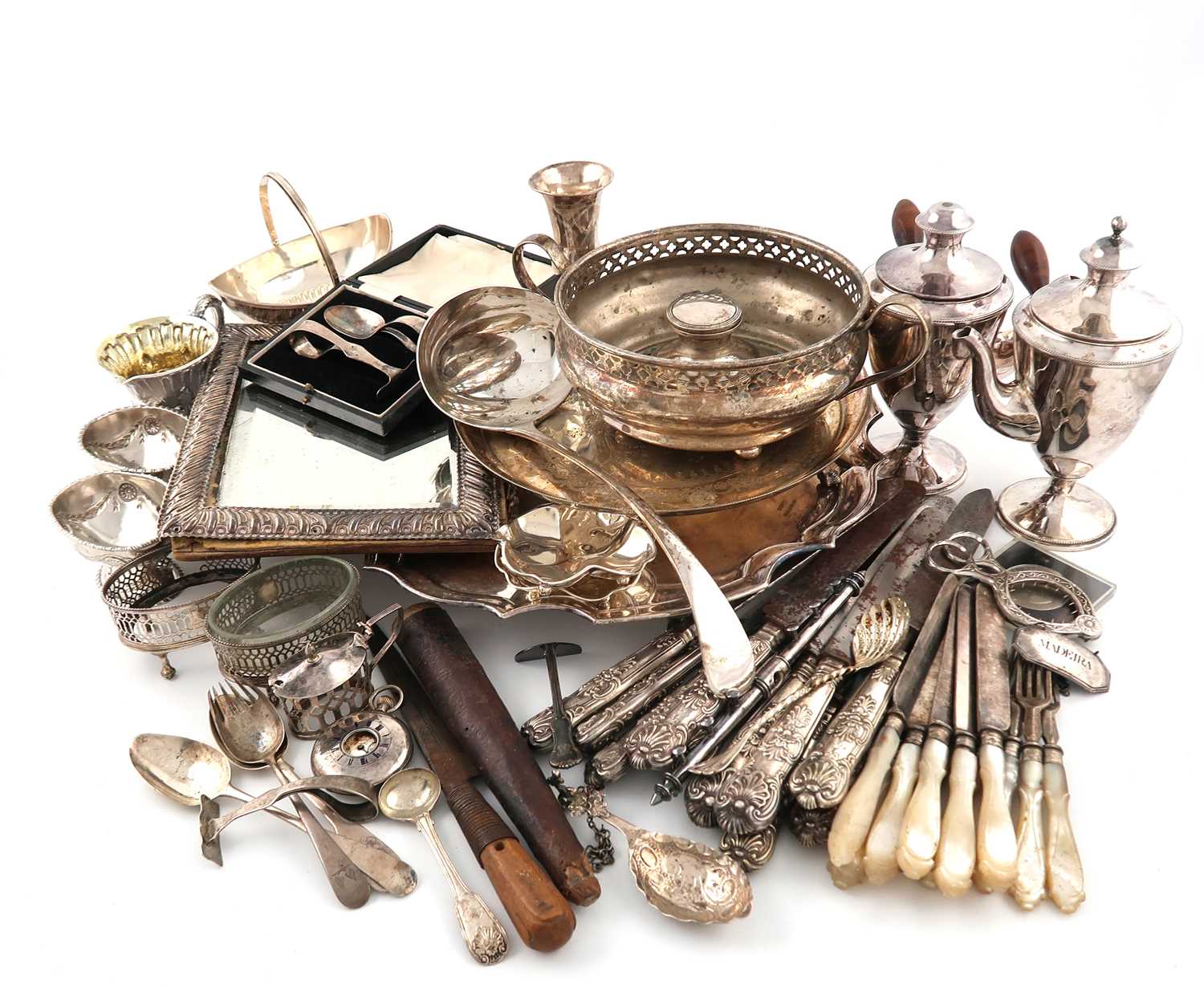 A mixed lot,comprising silver items: an Edwardian swing-handled sugar basket, by Charles Stuart