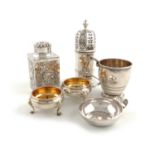 A mixed lot of silver items,comprising: a pair of George III silver salt cellars, a French wine