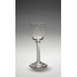 A rare armorial wine glass of possible Jacobite significance, c.1760, the slight ogee bowl