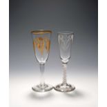 Two ale glasses, c.1760-70, one with a generous round funnel bowl gilded with hops and barley over a