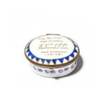 A Bilston enamel commemorative patch box of Royal interest, c.1791, the oval form inscribed 'May the