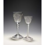 Two wine glasses of Jacobite significance, mid 18th century, the larger with a round funnel bowl