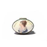 A South Staffordshire enamel patch box of theatrical interest, c.1805, the top printed and
