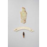 THREE CHINESE JADE ITEMSWARRING STATES PERIOD AND LATEROne a calcified jade curved pendant, huang,