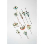 TEN CHINESE KINGFISHER FEATHER AND JADE HAIRPINSQING DYNASTYVariously designed as flowers and