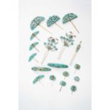 EIGHTEEN CHINESE KINGFISHER FEATHER HAIRPINS AND ORNAMENTSQING DYNASTYVariously decorated with