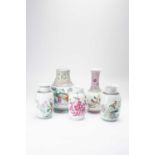 FIVE CHINESE FAMILLE ROSE VASES20TH CENTURYVariously decorated with figures, birds and flowers,