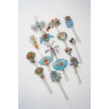 FIFTEEN CHINESE KINGFISHER FEATHER HAIRPINSQING DYNASTYIncluding: three pairs, variously decorated
