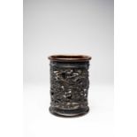A CHINESE BRONZE RETICULATED BRUSHPOT, BITONG17TH CENTURYThe cylindrical body cast with two