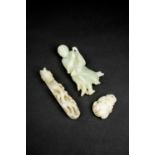 THREE CHINESE CELADON JADE ITEMSQING DYNASTYOne a figure of a sage holding a fly-whisk and a lotus