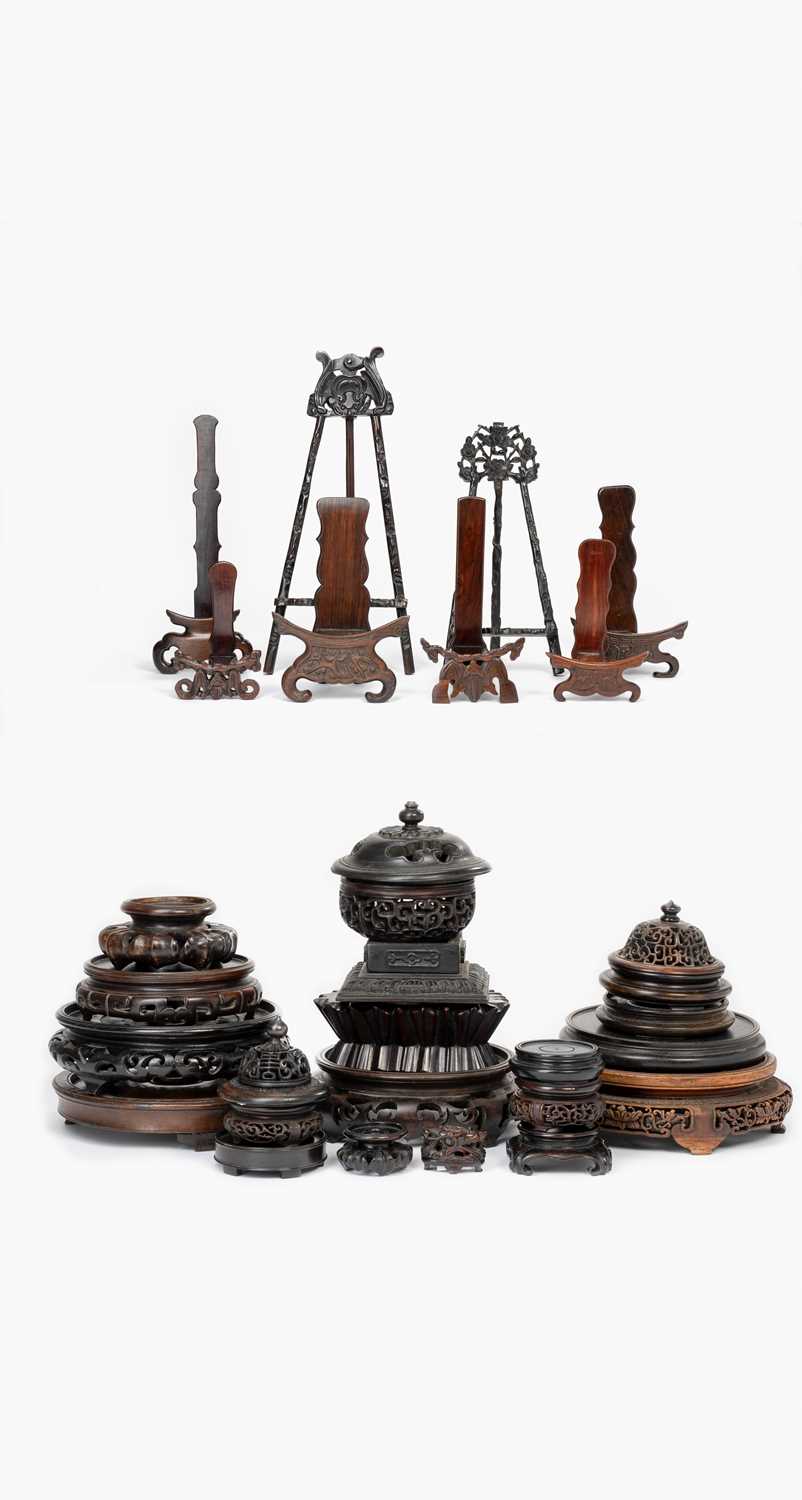 A COLLECTION OF CHINESE WOOD STANDS AND COVERS19TH/20TH CENTURYVariously carved with scrolls,