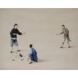 A SET OF SIX CHINESE SCHOOL WATERCOLOUR PAINTINGSC.1800Depicting figures engaging in different