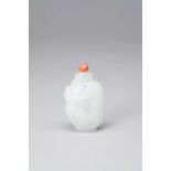 A CHINESE OPALESCENT WHITE GLASS SNUFF BOTTLE 1800-50Carved as a monkey clutching a large peach, the