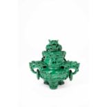 A CHINESE MALACHITE 'DRAGON' INCENSE BURNER AND COVER20TH CENTURYWith loose ring handles and