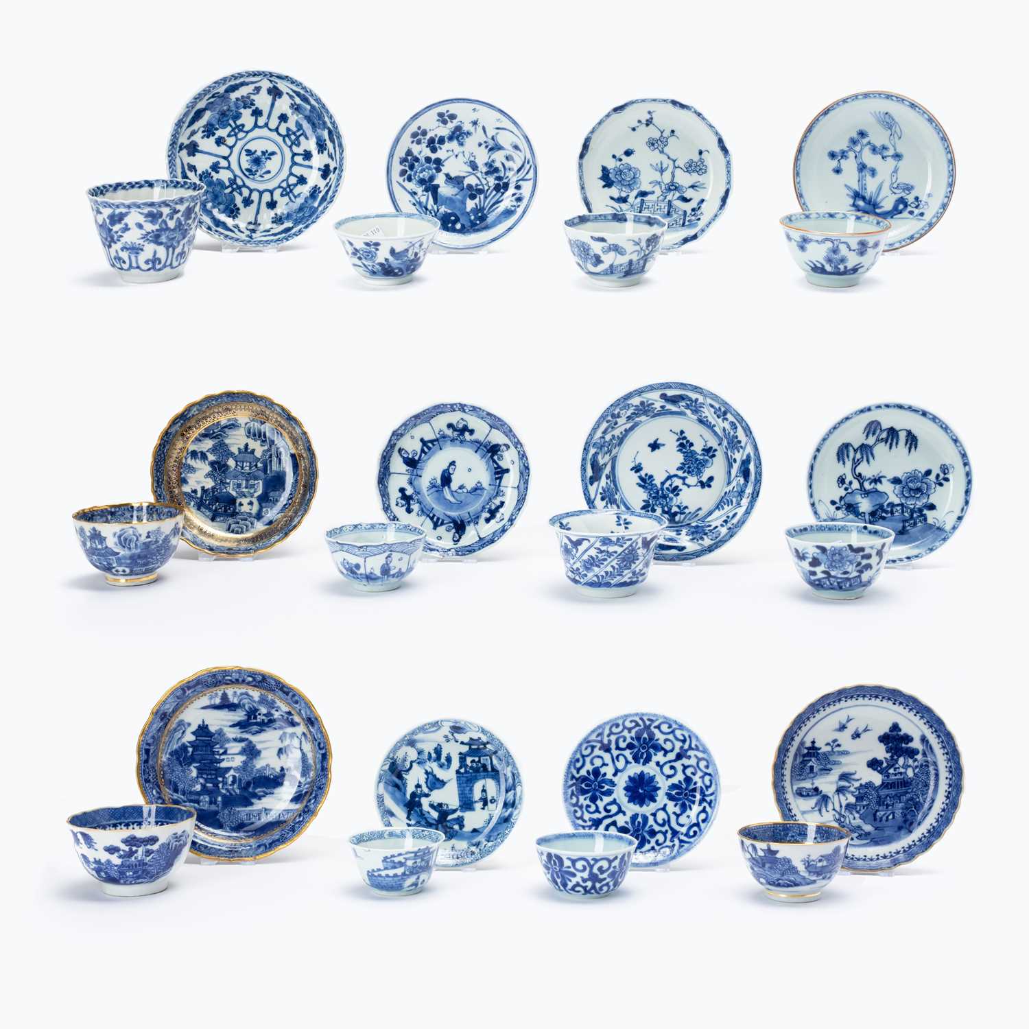 A COLLECTION OF TWELVE CHINESE BLUE AND WHITE TEABOWLS AND SAUCERS18TH CENTURYVariously decorated