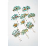 FIVE PAIRS OF CHINESE KINGFISHER FEATHER HAIRPINSQING DYNASTYDecorated with butterflies and