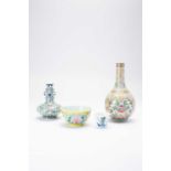 FOUR CHINESE PORCELAIN ITEMSMODERNComprising: a famille rose bottle vase, a doucai vase, a yellow