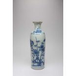 A CHINESE BLUE AND WHITE TALL CYLINDRICAL VASETRANSITIONAL PERIODThe body painted with