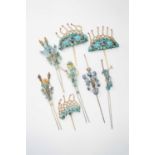 SEVEN CHINESE KINGFISHER FEATHER HAIRPINS AND AN EIGHTH DECORATED WITH ENAMELQING