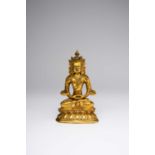 A SINO-TIBETAN GILT-BRONZE FIGURE OF AMITAYUS BUDDHA18TH/19TH CENTURYSitting in dhyanasana and