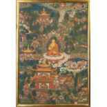 A TIBETAN THANGKA PAINTED ON SILK, DEPICTING SCENES FROM THE LIFE OF THE BUDDHA SHAKYAMUNI18TH