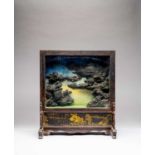 AN UNUSAL CHINESE ZITAN TABLE SCREEN QING DYNASTYThe rectangular glazed screen containing a diorama,