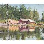 Scandinavian School Early 20th CenturyA Swedish lake houseOil on canvasboard28.7 x 34.