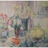 Frances Hodgkins (New Zealander 1869-1947) Still life with vases of flowers and a bowl of fruit on