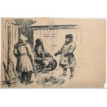 Φ Eric Kennington RA (1888-1960)Study of Russian peasants around a fireSigned E.KENNINGTON (lower