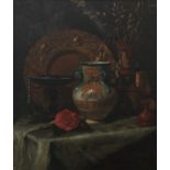 British School Early 20th CenturyStill life with a charger, tazza, vases and a rose on a tabletopOil