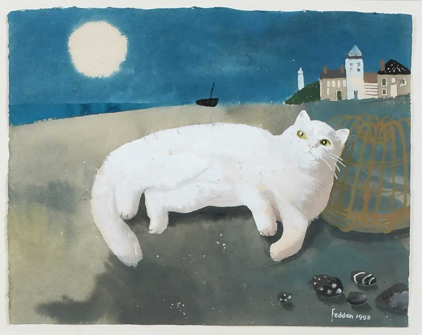 Φ Mary Fedden OBE, RA, RWA (1915-2012)White cat lying on the shoreSigned and dated Fedden 1992 (