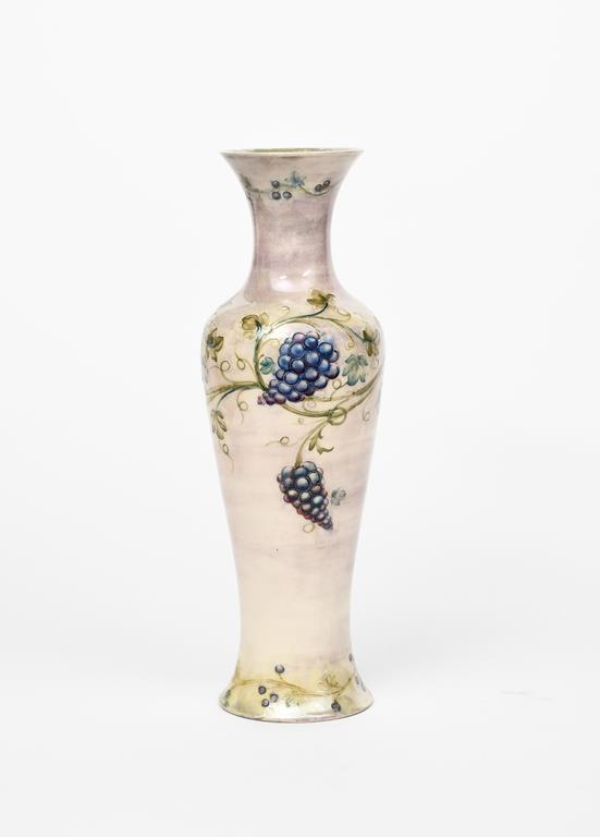 Grape Vine a tall lustre vase designed by William Moorcroft, slender baluster form, tubeline