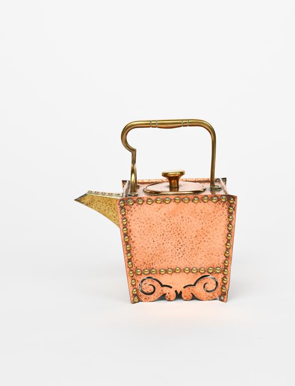 A Benham & Froud copper and brass tea kettle and cover designed by Dr Christopher Dresser, flaring - Image 2 of 3