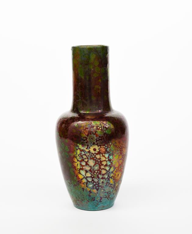 An Art Nouveau Clement Massier vase, shouldered form with cylindrical neck, painted with flowers and